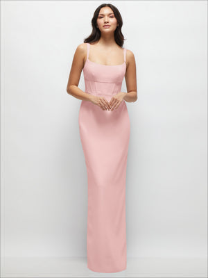 Blush corset midriff crepe column maxi dress with spaghetti straps and lace-up detail