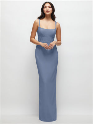 Corset midriff crepe column maxi dress, periwinkle, spaghetti straps, corset midriff detailing
