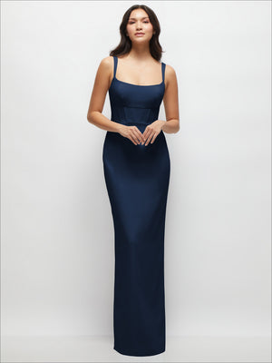 Corset-style crepe column maxi dress in deep blue with spaghetti straps, fitted bodice