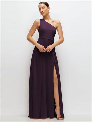 Chiffon one-shoulder maxi dress in deep plum with one-shoulder neckline and side slit