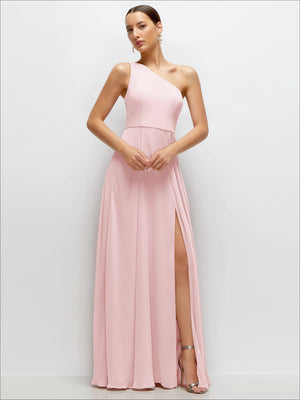 Blush pink one-shoulder chiffon maxi dress with circle skirt and side slit detail
