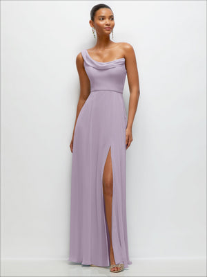 Chiffon One-Shoulder Maxi Dress with Draped Cowl Neckline