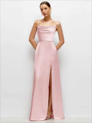 Cowl Neck Satin Maxi Dress with Adjustable Spaghetti Straps