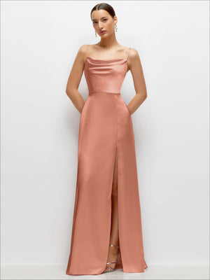 Cowl Neck Satin Maxi Dress with Adjustable Spaghetti Straps