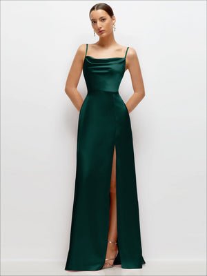 Cowl Neck Satin Maxi Dress with Adjustable Spaghetti Straps