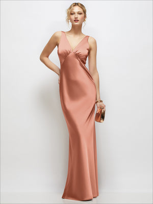 Sleeveless V-Neck Stretch Satin Bias Slip Maxi Dress