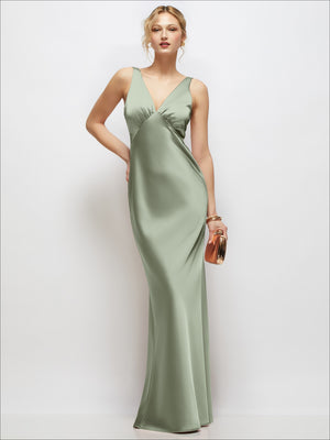 Sleeveless V-Neck Stretch Satin Bias Slip Maxi Dress