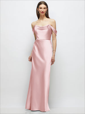 Off-the-shoulder satin maxi A-line dress in pale pink with draped shoulder detail