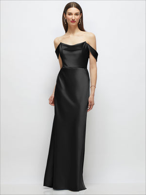 Black satin maxi dress with off-shoulder drape sleeves and A-line silhouette