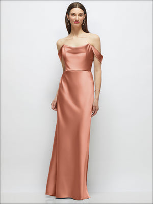 Blush satin A-line maxi dress with off-shoulder drape and thin straps
