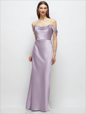 Lavender satin maxi dress with off-shoulder drape and A-line silhouette