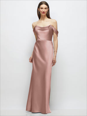 Blush pink satin A-line maxi dress with off-shoulder drape and basque neckline