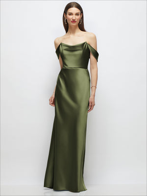 A-line stretch satin maxi dress with off-shoulder drape straps, olive green