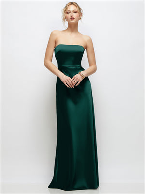 Evergreen strapless satin maxi dress with fitted bodice and A-line skirt