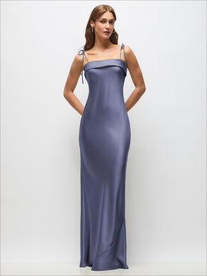 Cuff Neck Satin Bias Maxi Dress with Self-Tie Spaghetti Straps