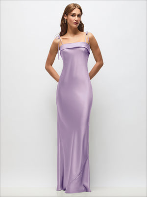Cuff Neck Satin Bias Maxi Dress with Self-Tie Spaghetti Straps