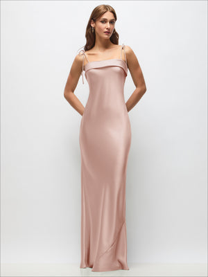 Cuff Neck Satin Bias Maxi Dress with Self-Tie Spaghetti Straps