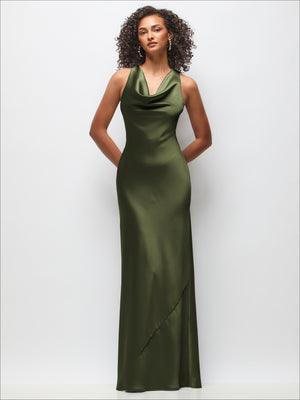 Cowl Neck Criss-Cross Back Satin Maxi Dress