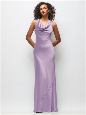 Cowl Neck Criss-Cross Back Satin Maxi Dress
