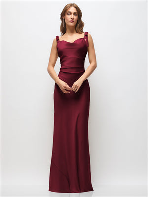 Satin cowl neck ruched side maxi dress in cabernet, with shoulder bow straps