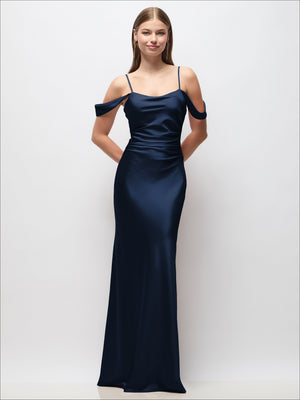 Off-the-shoulder satin maxi dress in dark navy blue with adjustable spaghetti straps