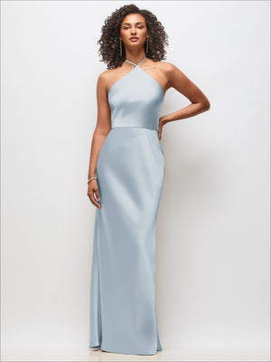High-neck halter stretch satin maxi dress, periwinkle blue, sleeveless halter neckline