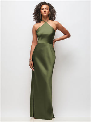 Stretch satin maxi dress in sage green, high-neck halter with fitted waist and A-line skirt.