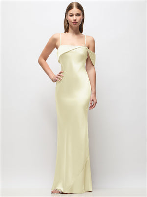 Asymmetrical Cuff Neck Stretch Satin Bias Maxi Dress with Adjustable Spaghetti Straps
