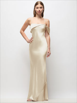 Asymmetrical Cuff Neck Stretch Satin Bias Maxi Dress with Adjustable Spaghetti Straps