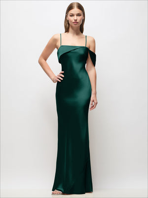 Asymmetrical Cuff Neck Stretch Satin Bias Maxi Dress with Adjustable Spaghetti Straps