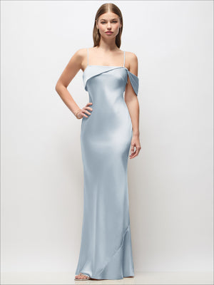 Asymmetrical Cuff Neck Stretch Satin Bias Maxi Dress with Adjustable Spaghetti Straps