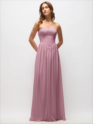 Strapless Basque Drop Waist Chiffon Maxi Dress with Shirred Skirt