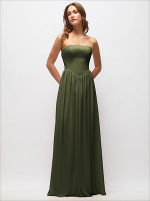 Strapless Basque Drop Waist Chiffon Maxi Dress with Shirred Skirt