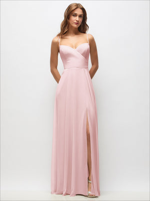 Blush chiffon wrap maxi dress with adjustable spaghetti straps and draped wrap bodice