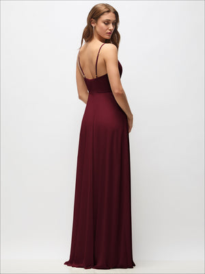 Burgundy chiffon maxi dress with wrap bodice and adjustable spaghetti straps