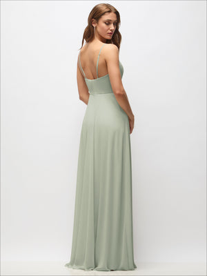 Wrap bodice chiffon maxi dress in mint green, adjustable spaghetti straps, low back view