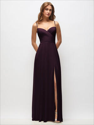 Wrap bodice chiffon maxi dress with adjustable spaghetti straps, dark plum purple side slit
