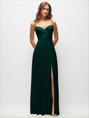 Dark green wrap chiffon maxi dress with adjustable spaghetti straps and side slit