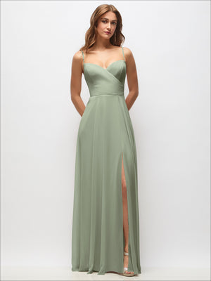 Sage green wrap maxi dress with adjustable spaghetti straps and side slit