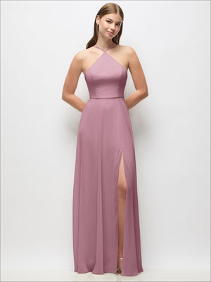 Mauve pink halter maxi chiffon dress with spaghetti straps and front waist seam