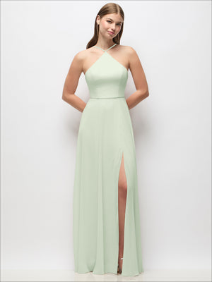 Sage green halter maxi dress with fitted bodice, thin adjustable straps, side slit