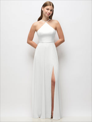 Light neutral high-neck halter maxi dress with side slit and adjustable spaghetti straps