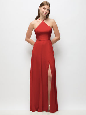 Red halter maxi chiffon dress with spaghetti straps and high side slit