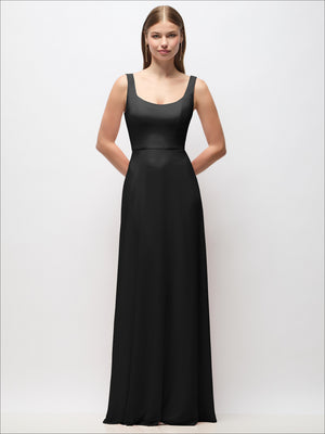 Black scoop-neck chiffon maxi dress with tank straps and fitted waist