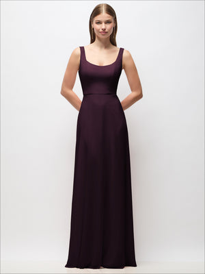Plum chiffon scoop-neck maxi dress with tank straps and fitted waist, long skirt