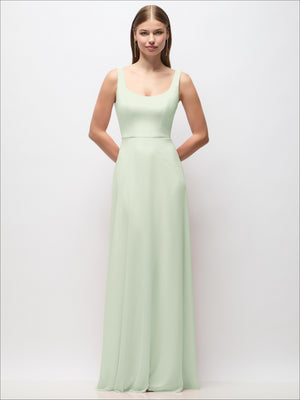 Mint green scoop-neck chiffon maxi dress, thin tank straps, fitted bodice and flowing skirt