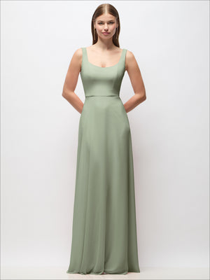 Sage green scoop-neck tank strap chiffon maxi dress, front view