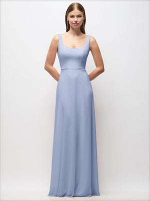 Scoop-neck chiffon maxi dress in sky blue, sleeveless tank straps, front view