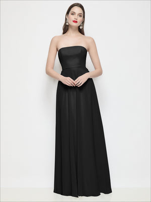 Black strapless chiffon maxi dress with fitted bodice and soft circle skirt