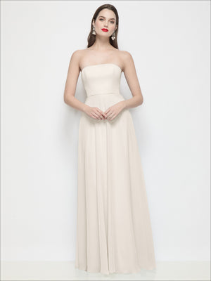 Strapless chiffon maxi dress in ivory with fitted bodice and full circle skirt, front view